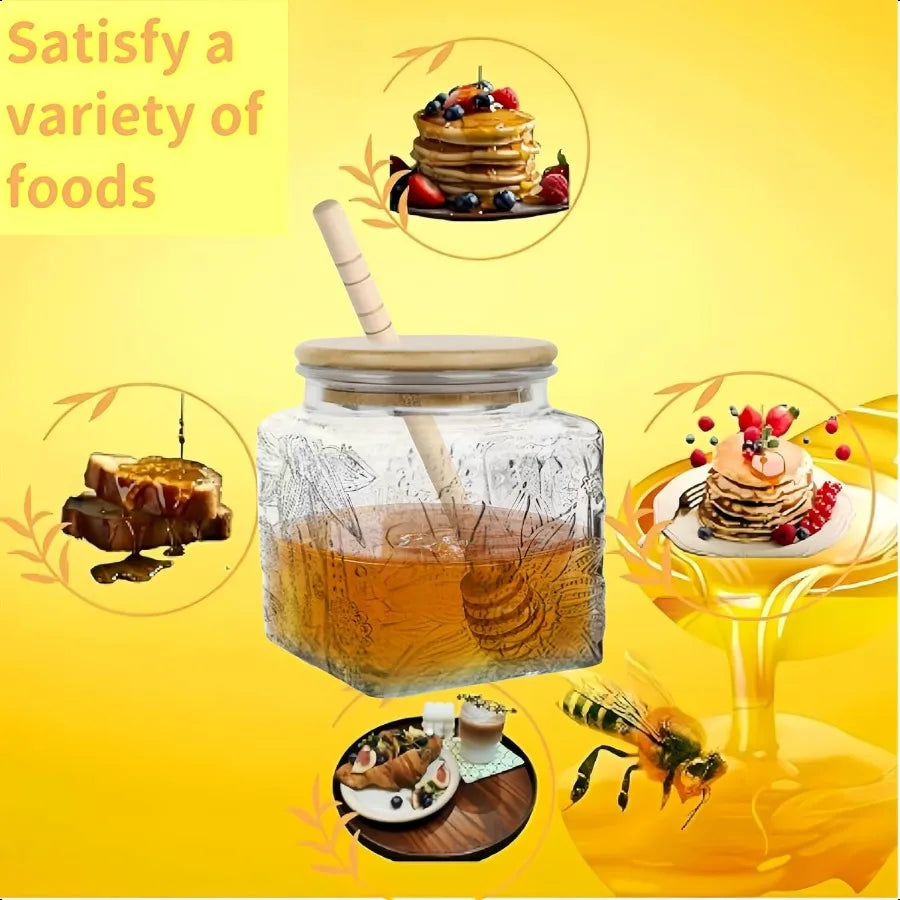 Honey Pot 17oz Airtight Glass Honey Jar with Bamboo Lid and Dipper Stick Square Sunflower Jar for Home Kitchen