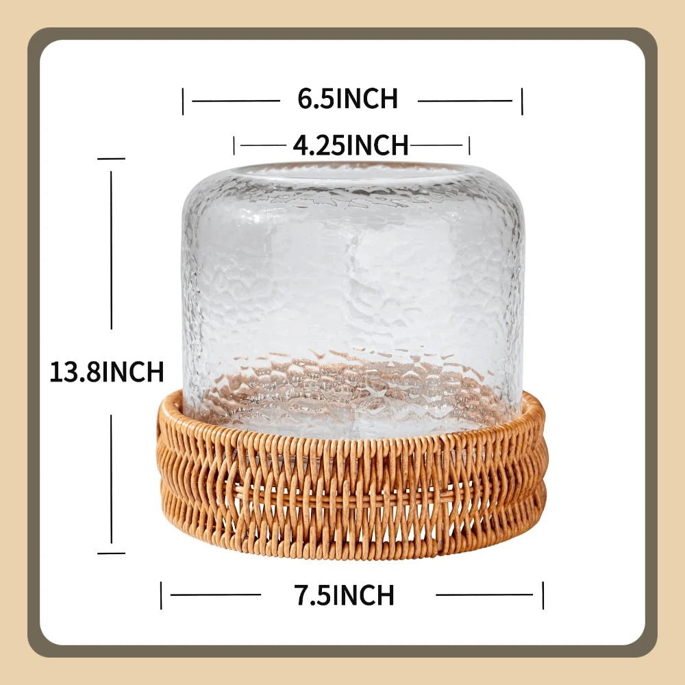 7" Decorative Clear Hammered Glass Hurricane Pillar Candle Holder with Brown Woven Base