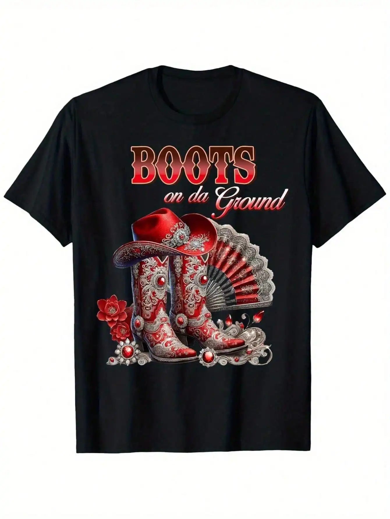 Boots On The Ground Western Cowboy Boot Graphic T-Shirt for Men - Black with Red & White Floral Print,