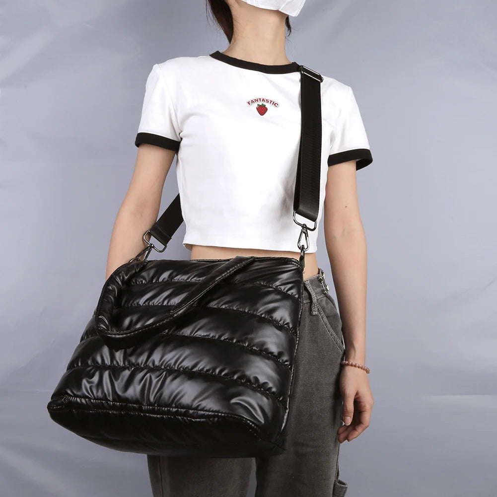 Women Padded Shoulder Bag Versatile Puffy Crossbody Bag Lightweight Solid Puffer Bag Large Capacity Casual Winter Shopping Bag