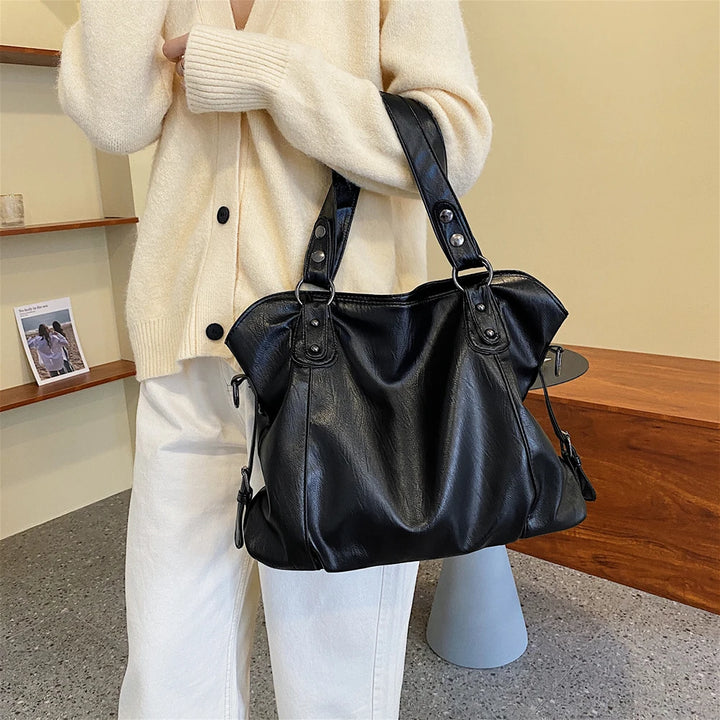 Women Shoulder Bag Big Size PU Leather Sling Crossbody Bag Casual Retro Solid Color Soft Female Travel Shopper Mommy Tote Bag