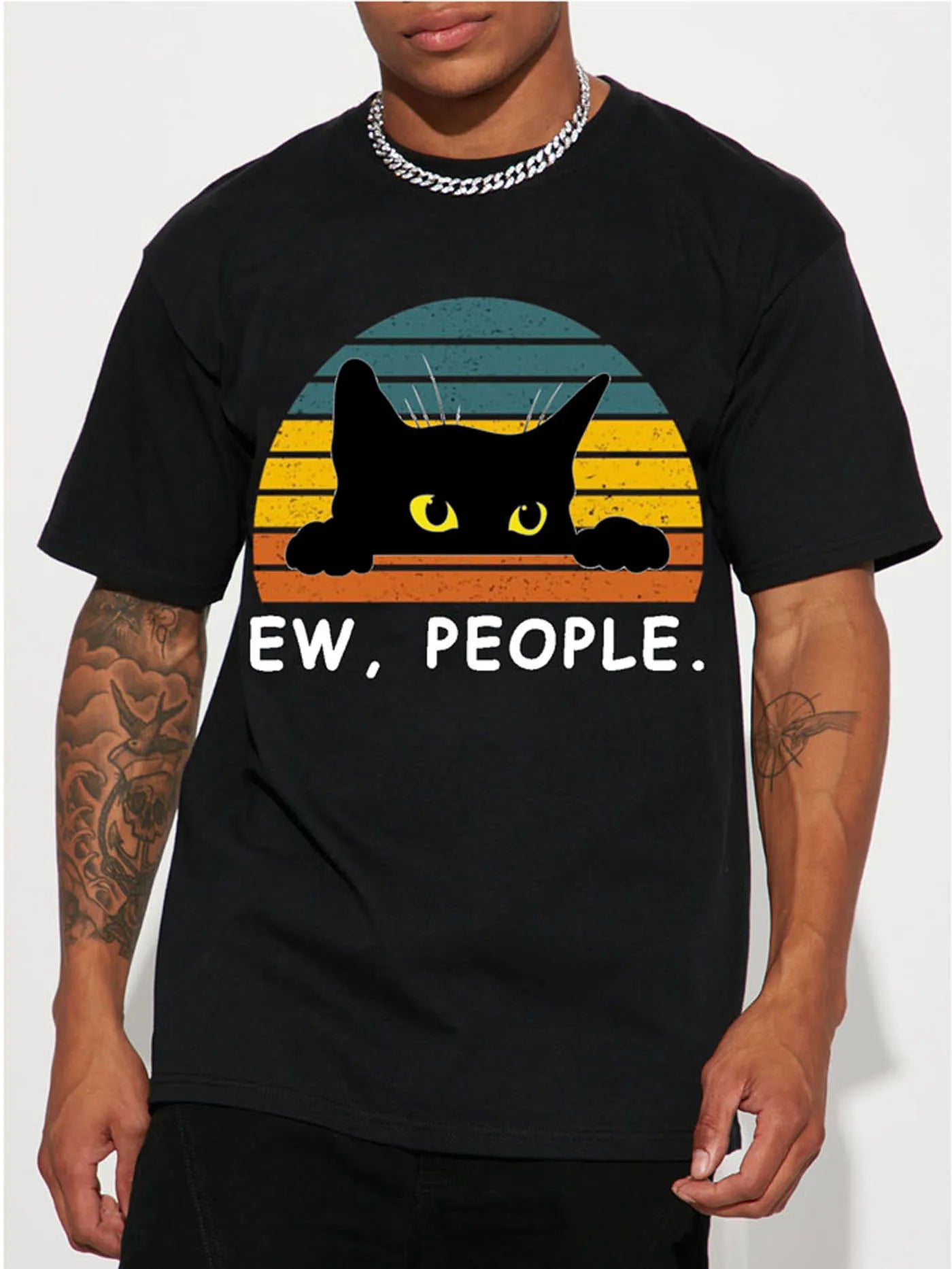 Fashion Forward Mens Black Cat Print T-Shirt - Stylish Hip Hop Crew Neck Tee for Summer Vacations & Unique Gifts - Comfortable