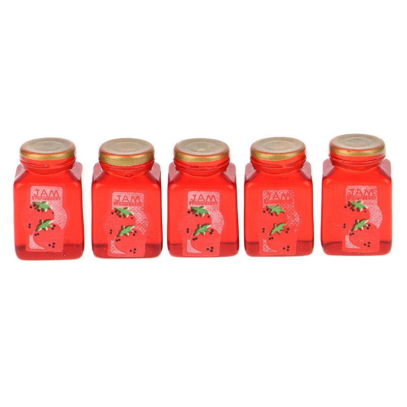 5Pcs 1/12 Dollhouse Strawberry Sauce Jam Jar Dollhouse Miniature Kitchen Food Accessories Dolls House Decorations Toys