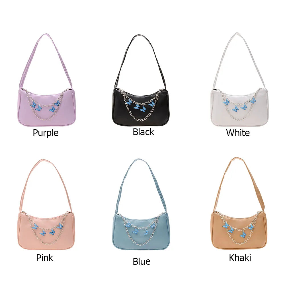 Ladies Underarm Shoulder Bags PU Leather Women Handbag Exquisite Shopping Bag with Butterfly Chains Designed