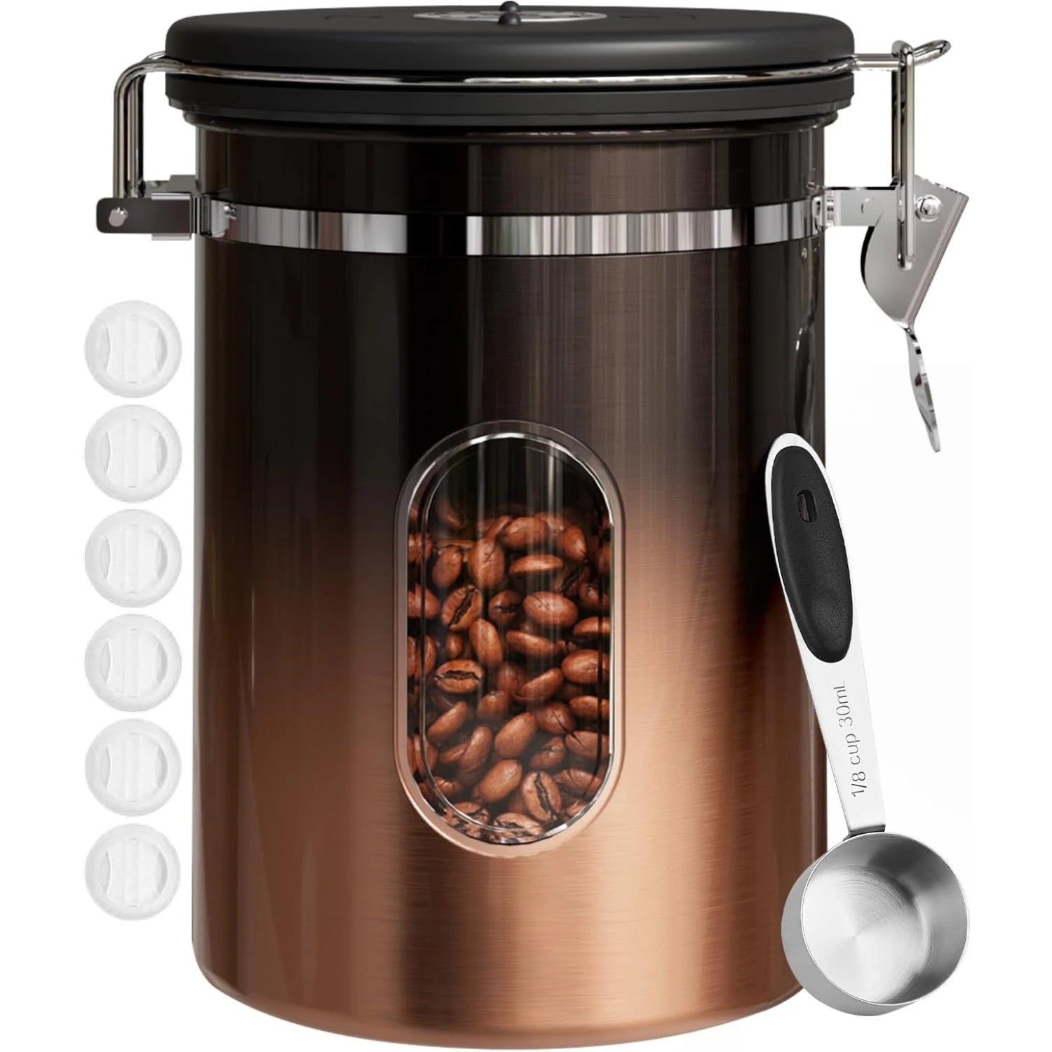 Coffee Canister with Window, Cereal, Grounds Coffee, Beans, Tea, Flour, Sugar, Airtight Stainless Steel Food Storage Container