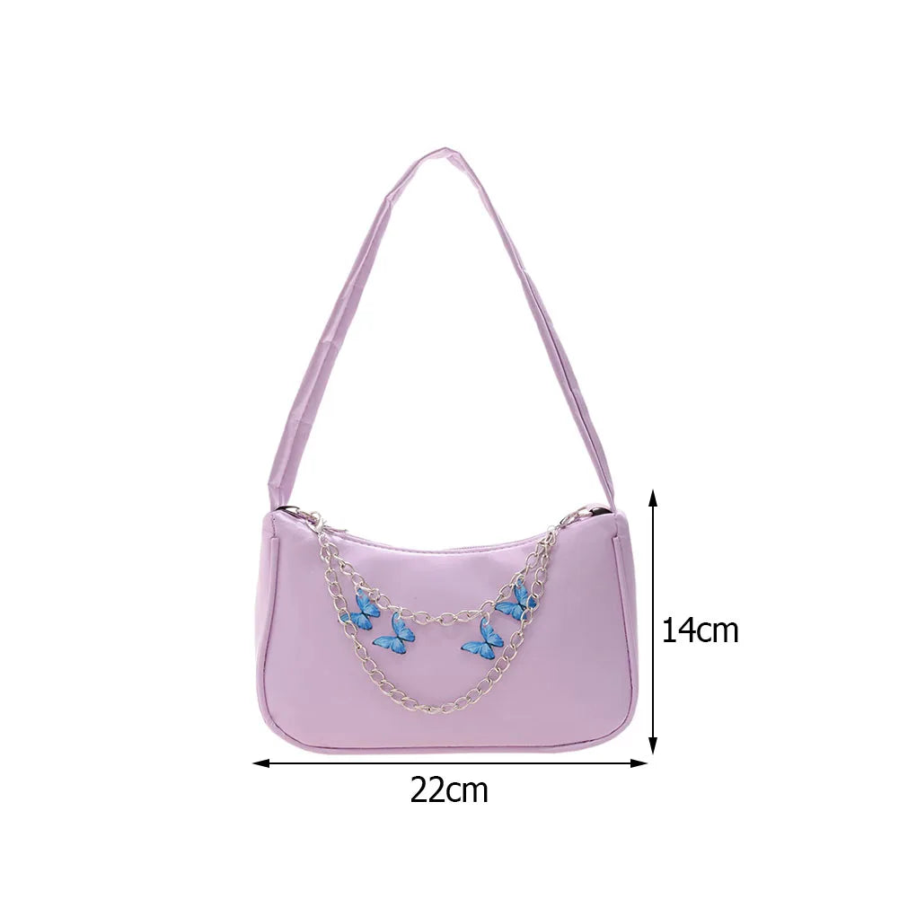 Ladies Underarm Shoulder Bags PU Leather Women Handbag Exquisite Shopping Bag with Butterfly Chains Designed