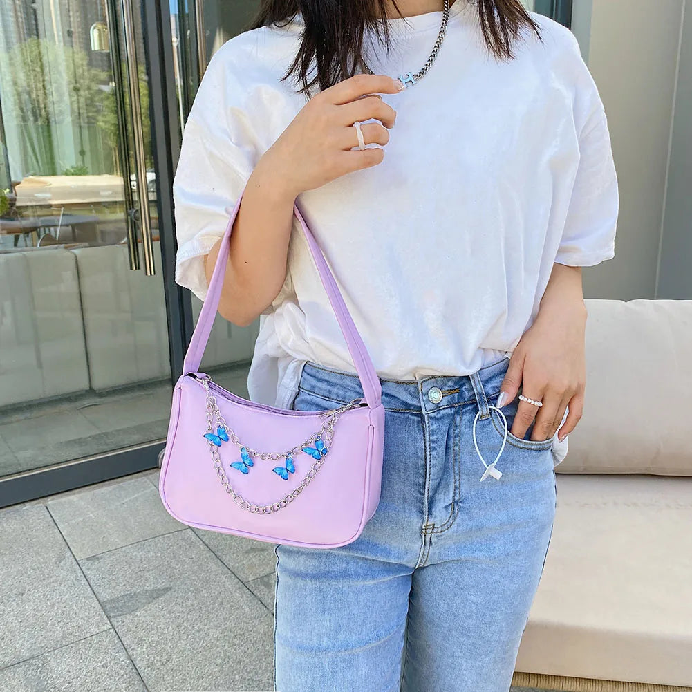 Ladies Underarm Shoulder Bags PU Leather Women Handbag Exquisite Shopping Bag with Butterfly Chains Designed