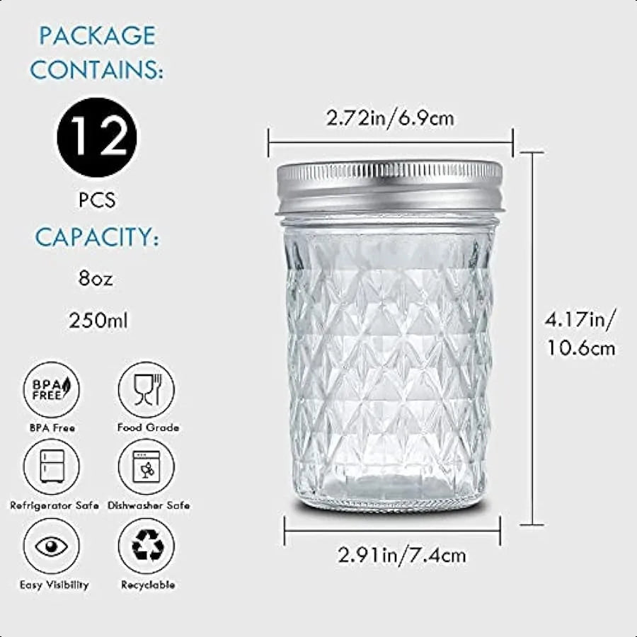 YEBODA 12 Pack 8 oz Mason Jars with Airtight Lids and Bands Glass Canning Jars Ideal for Preserving Jam Honey Jelly Wedding Fav