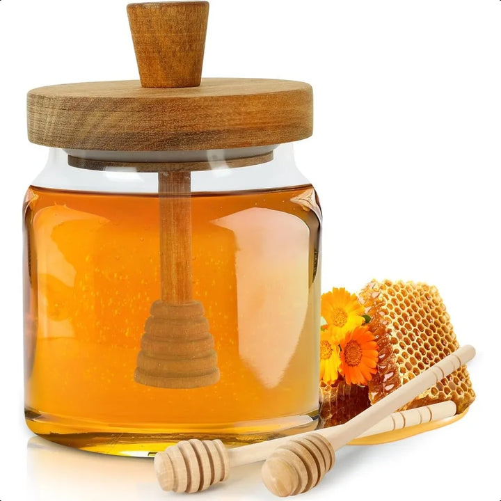 Honey Pot with Dipper and Lid 18oz Glass Honey Jar with Wooden Honey Dippers Stick Set Wide Mouth Honey Containers Airtight Syr