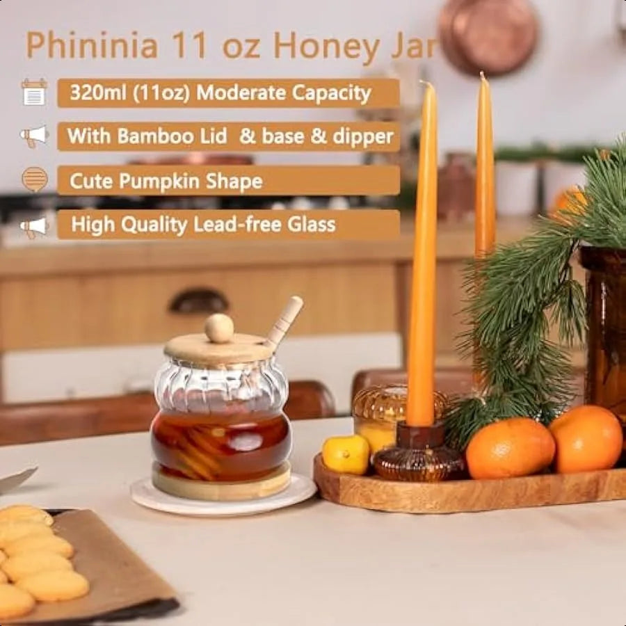 Honey Pot with Dipper and Lid 11oz Glass Honey Jar with Wooden Base Tray and Wooden Lid Wide Mouth Honey Containers Pumpkin Sha