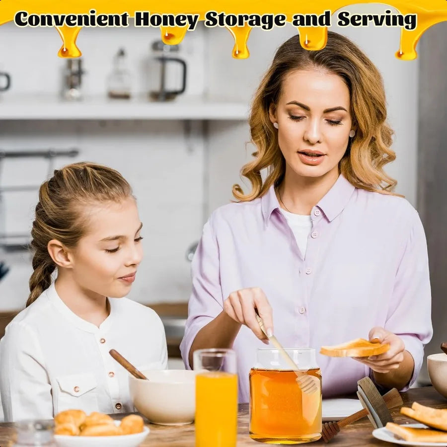 Honey Pot with Dipper and Lid 18oz Glass Honey Jar with Wooden Honey Dippers Stick Set Wide Mouth Honey Containers Airtight Syr