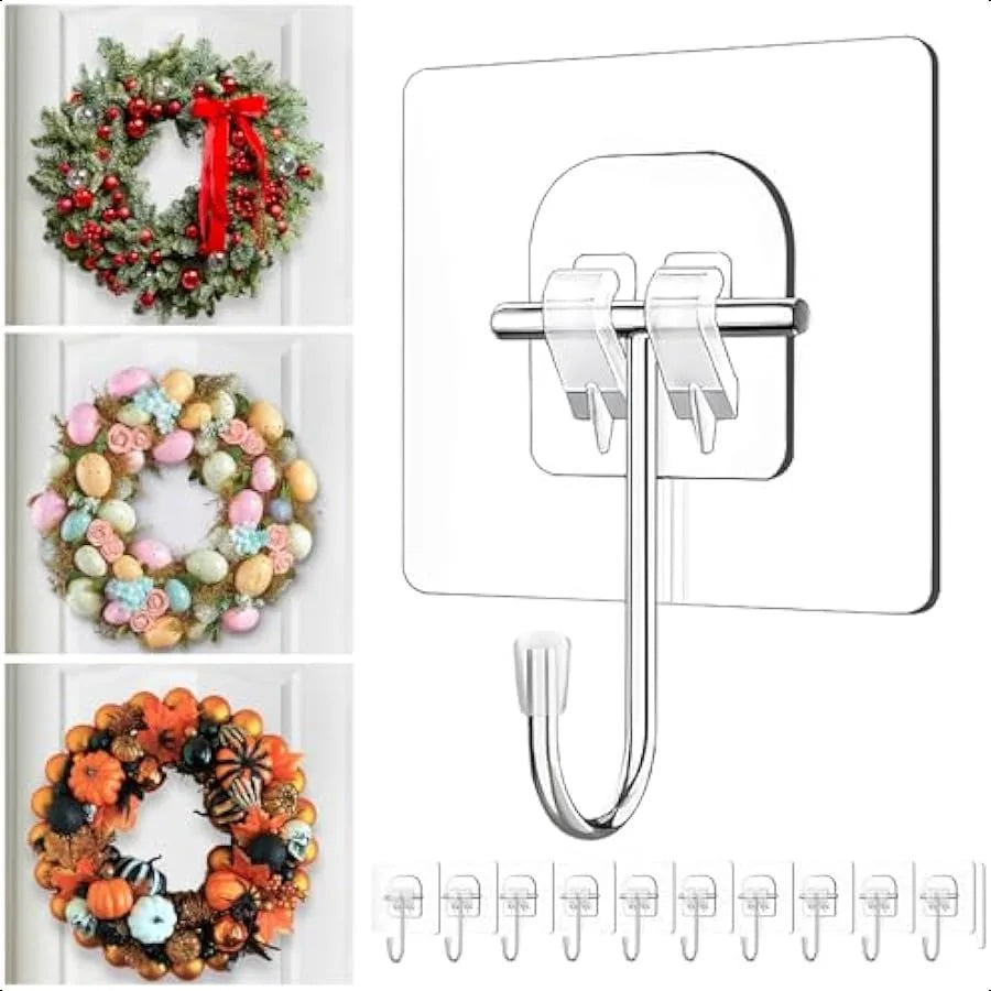 Wreath Hangers for Front DoorLarge Adhesive WallHooksforHangingHeavyDuty 10 Pack Christmas Halloween Decorations Fall WreathDoo