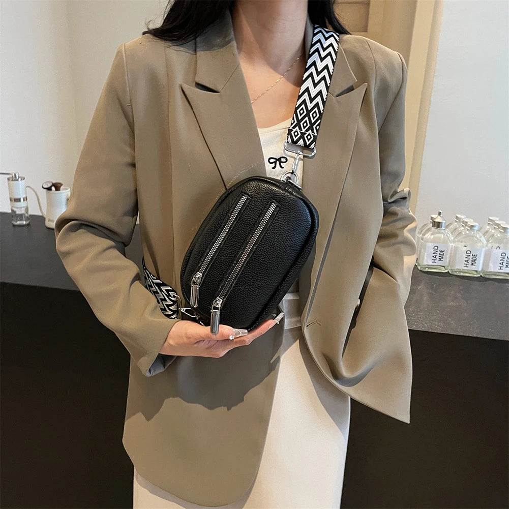 Crossbody Bag for Women Men with Adjustable Strap Fanny Pack PU Leather Double Zip Trendy Chest Bag for Travel Shopping