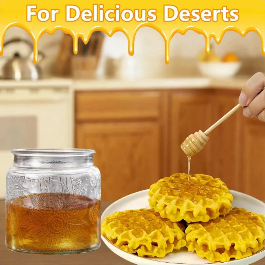 Honey Pot 17oz Airtight Glass Honey Jar with Bamboo Lid and Dipper Stick Square Sunflower Jar for Home Kitchen