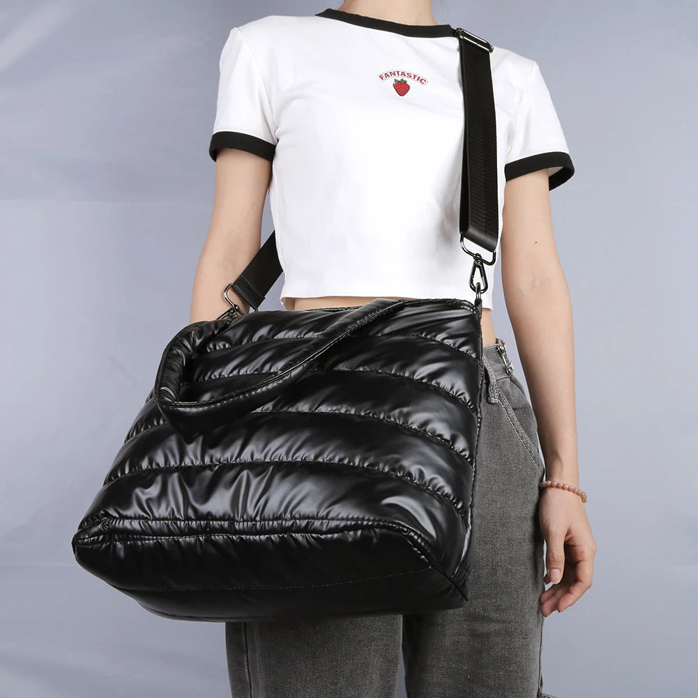 Women Padded Shoulder Bag Versatile Puffy Crossbody Bag Lightweight Solid Puffer Bag Large Capacity Casual Winter Shopping Bag