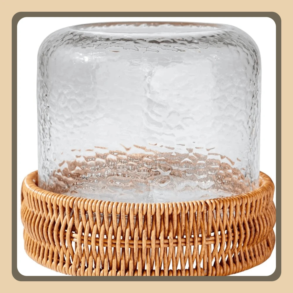 7" Decorative Clear Hammered Glass Hurricane Pillar Candle Holder with Brown Woven Base