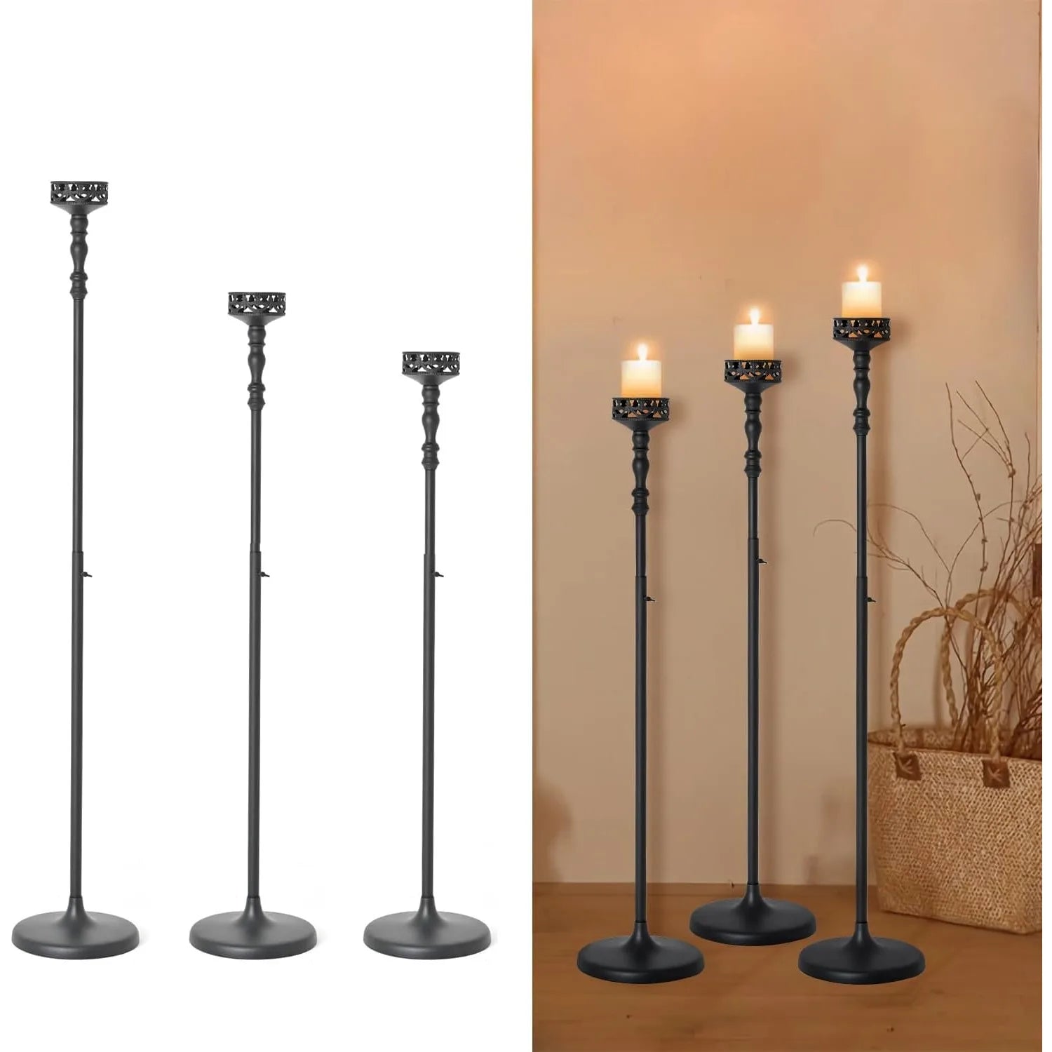 Floor Candle Holder Centerpieces for Table 3Pcs Candle holders Metal Candlestick Set for Wedding Home Ceremony Halloween (Black)