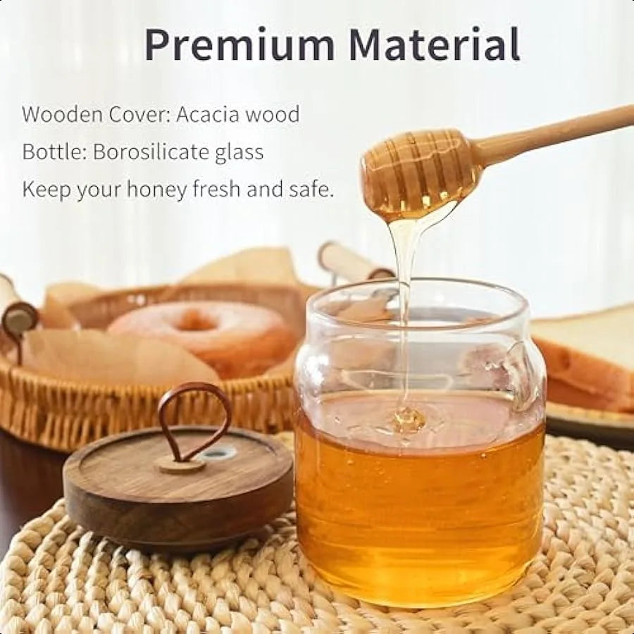 Glass Honey Dispenser with Stick and Acacia Lid Cover Airtight 17 OZ Glass Bottle Honey Jay Sealed Storage Wide Mouth Container