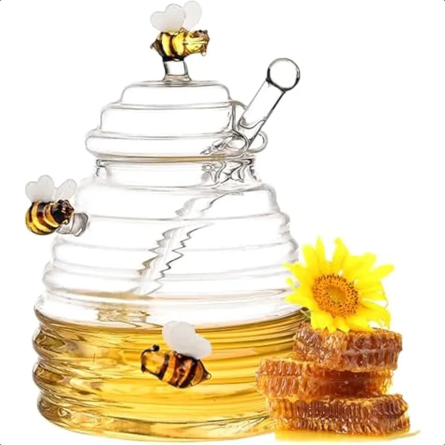 Beehive Glass Honey Jar Crystal Clear Heavy Glass Honey Pot Container for Jam Jelly Syrup Honey Jars with Dipper Ideal for Home