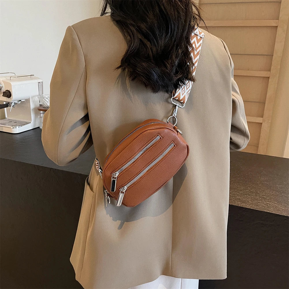Crossbody Bag for Women Men with Adjustable Strap Fanny Pack PU Leather Double Zip Trendy Chest Bag for Travel Shopping