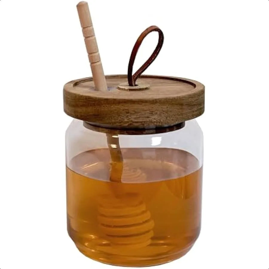 Glass Honey Dispenser with Stick and Acacia Lid Cover Airtight 17 OZ Glass Bottle Honey Jay Sealed Storage Wide Mouth Container