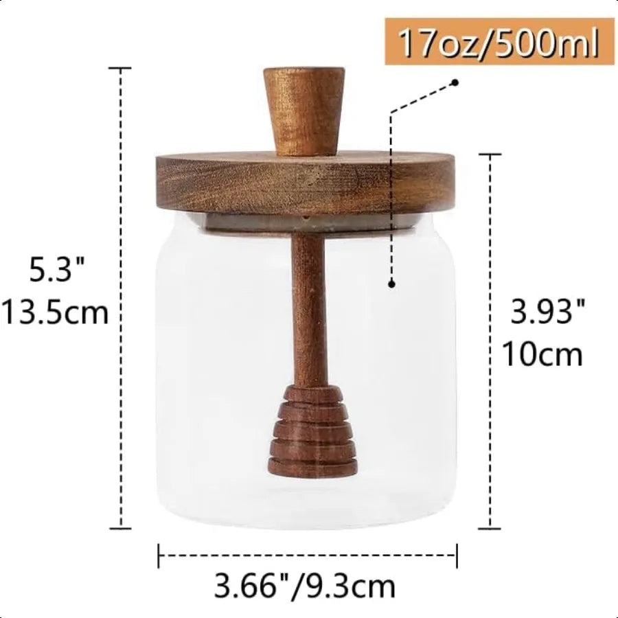 ANSQU Honey Pot Airtight Glass Honey Jar with Dipper Stick and Wooden Lid Honey Containers for Storing Honey Mason Jar for Home