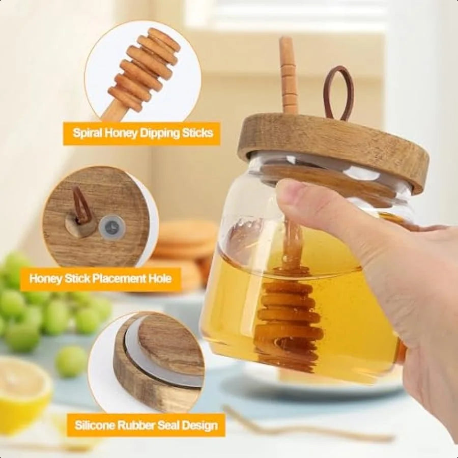 Honey Jars with Dipper 17 oz Airtight Glass Honey Dispenser with Acacia Lid Cover for Storing Honey and Syrup Home Kitchen Gift
