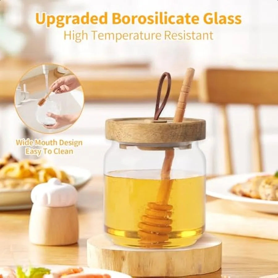 Honey Jars with Dipper 17 oz Airtight Glass Honey Dispenser with Acacia Lid Cover for Storing Honey and Syrup Home Kitchen Gift