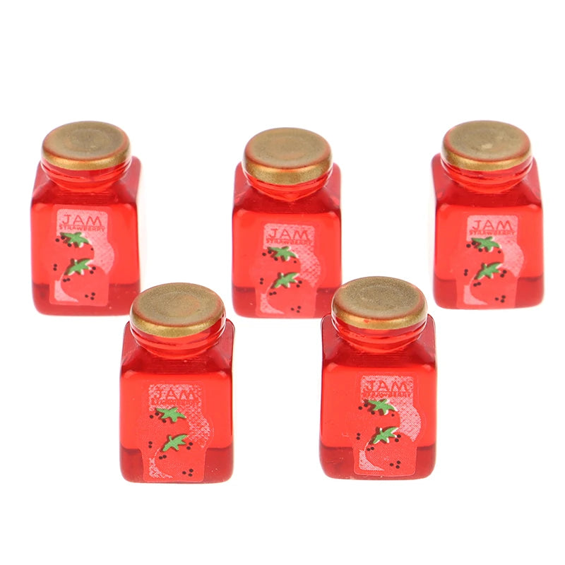 5Pcs 1/12 Dollhouse Strawberry Sauce Jam Jar Dollhouse Miniature Kitchen Food Accessories Dolls House Decorations Toys