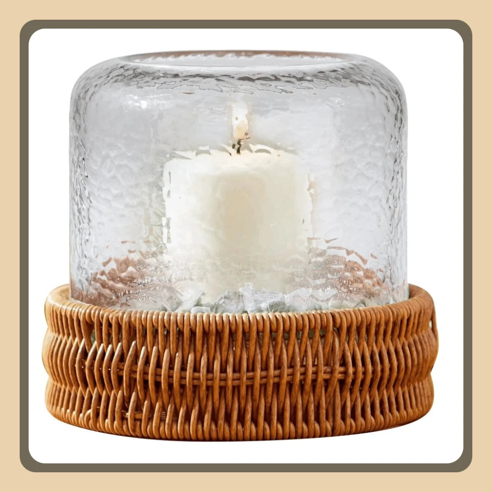7" Decorative Clear Hammered Glass Hurricane Pillar Candle Holder with Brown Woven Base
