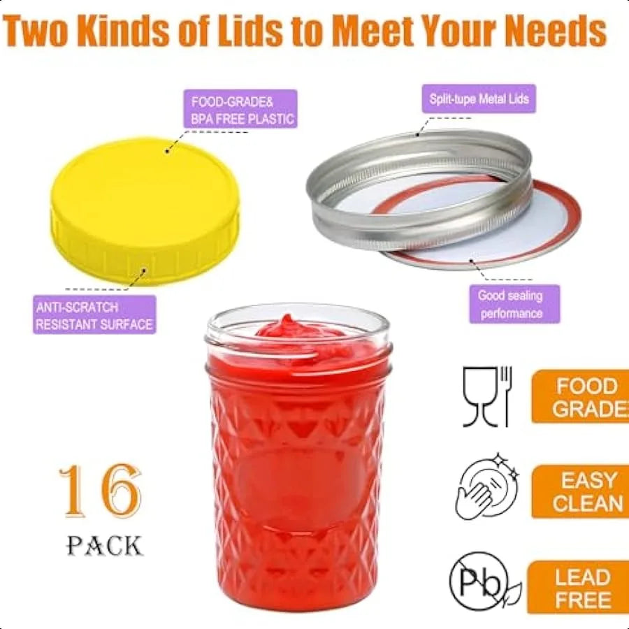 16 Pack Mason Jars8 oz Canning Jars Glass Jars With Lids Small Mason Jars Suitable for Jelly Jam Honey Wedding Favors Shower Fa