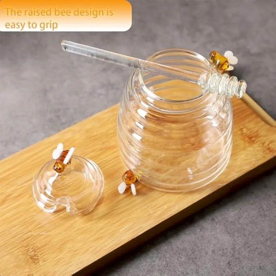 Beehive Glass Honey Jar Crystal Clear Heavy Glass Honey Pot Container for Jam Jelly Syrup Honey Jars with Dipper Ideal for Home