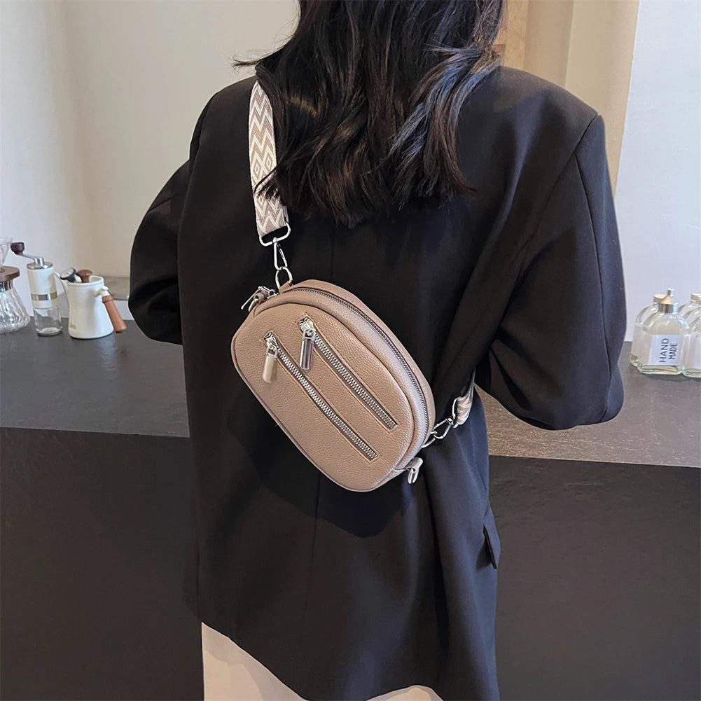 Crossbody Bag for Women Men with Adjustable Strap Fanny Pack PU Leather Double Zip Trendy Chest Bag for Travel Shopping