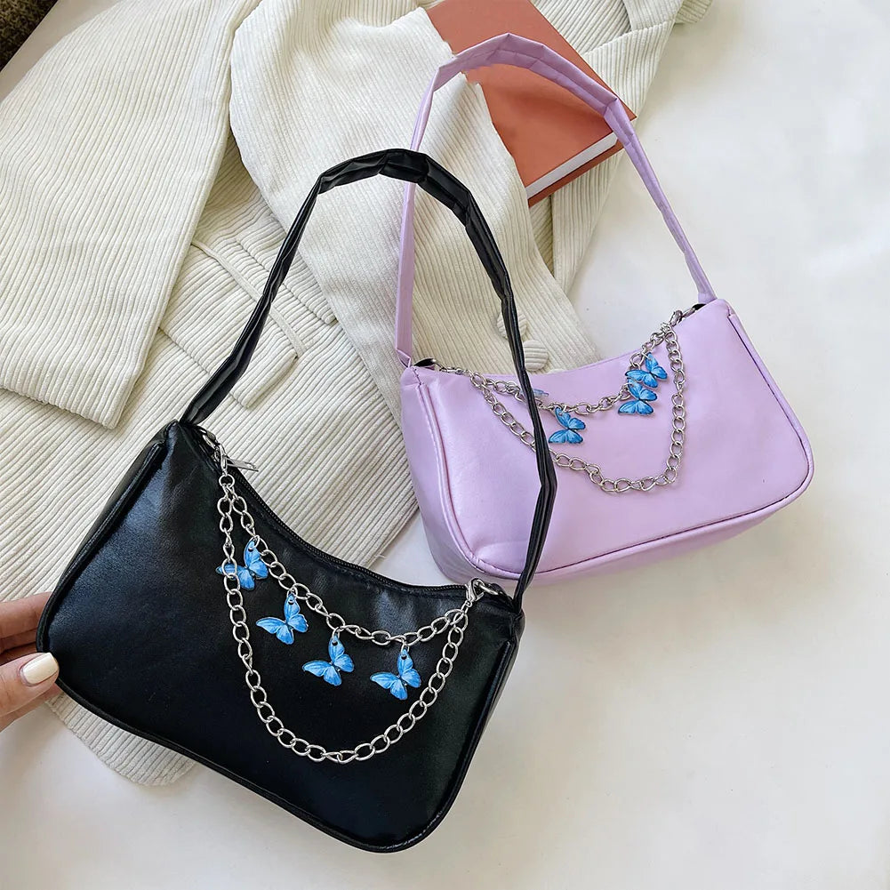 Ladies Underarm Shoulder Bags PU Leather Women Handbag Exquisite Shopping Bag with Butterfly Chains Designed