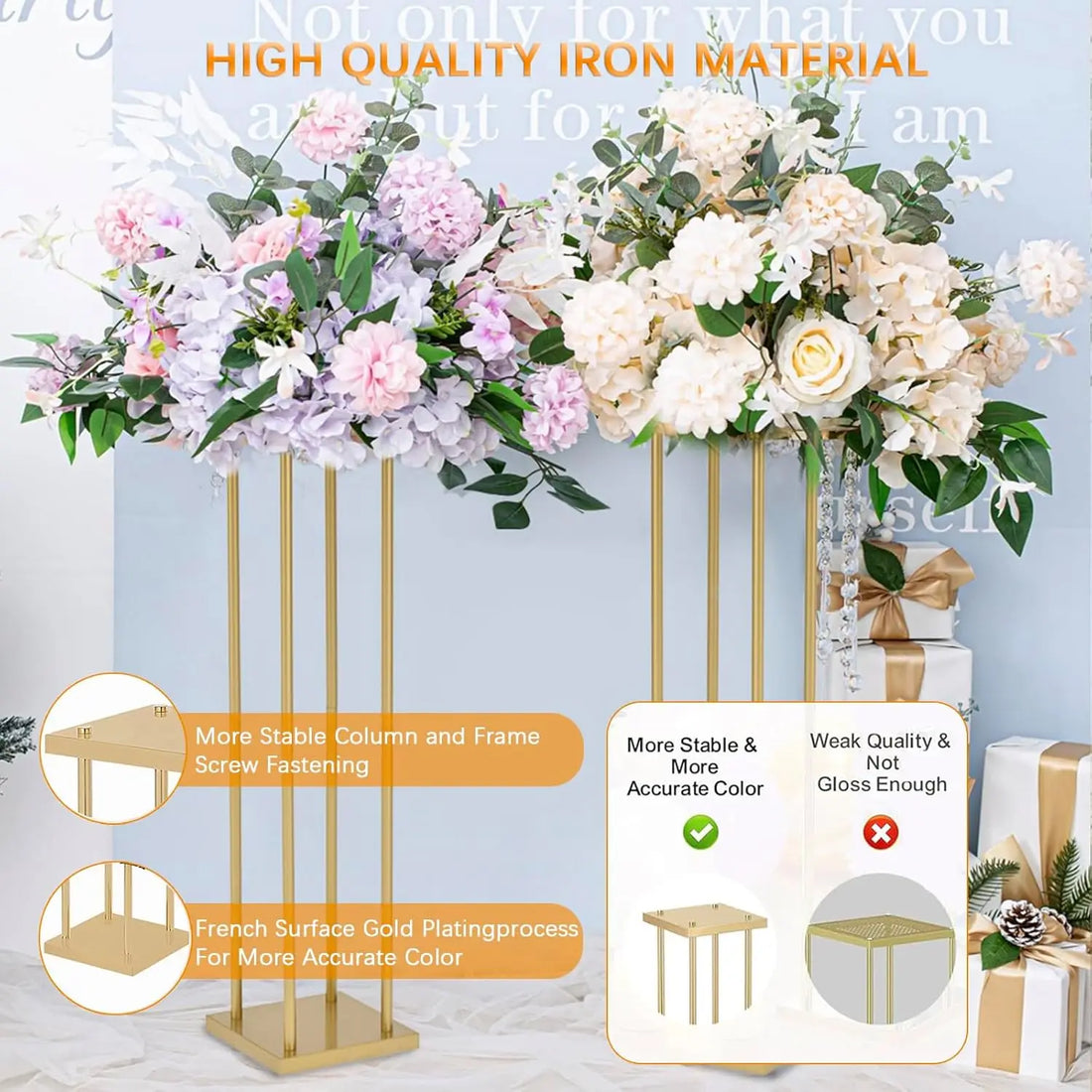 10pcs 31.5inch Rectangular Gold Metal Wedding Flower Stand Vase Column Stand Flower Display Rack for Party Decorations