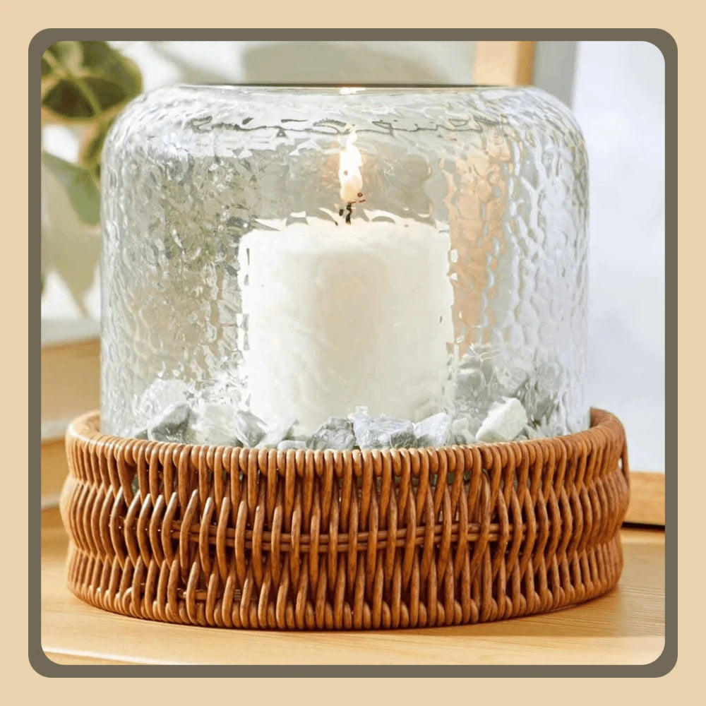 7" Decorative Clear Hammered Glass Hurricane Pillar Candle Holder with Brown Woven Base