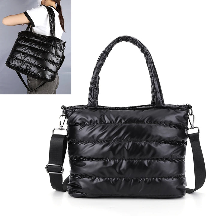 Women Padded Shoulder Bag Versatile Puffy Crossbody Bag Lightweight Solid Puffer Bag Large Capacity Casual Winter Shopping Bag
