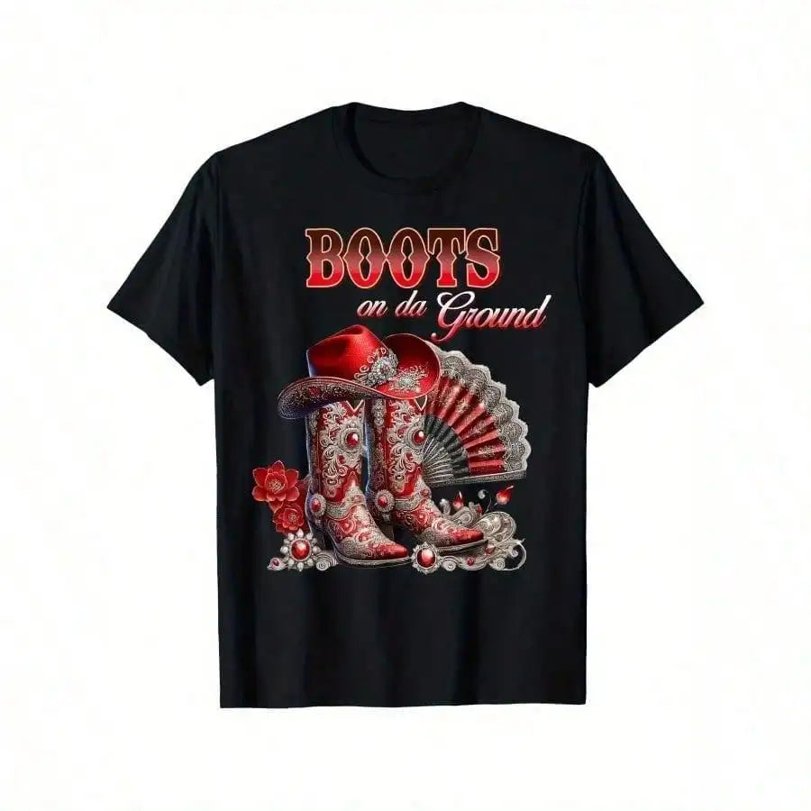 Boots On The Ground Western Cowboy Boot Graphic T-Shirt for Men - Black with Red & White Floral Print,